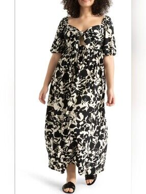 Eloquii Black and Ivory Floral Tie-Front Midi Dress
